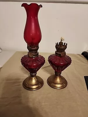 Vtg Pair Of Ruby Red Miniature Kerosene Oil Lamps  • $14.85