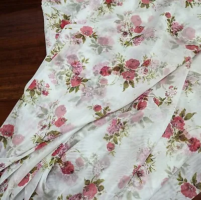 Vtg 70s 80s Pink Olive Rose Flower Semi Sheer Lt. Synthetic Fabric ~By The Yard~ • $4.95