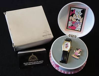 Disney Vintage Fantasma Minnie Mouse PINK Birthday Cake Watch & Pin Set NICE! • $0.99