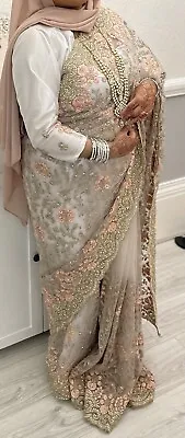 £85 • Buy Grey Silver Indian Bollywood Traditional Net Saree Sari