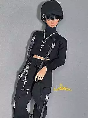 1/4 MSD BJD Clothes PUNK Motorcycle Suit Solid Black Top+Pants+Mask+Cap+Necklace • $34.68