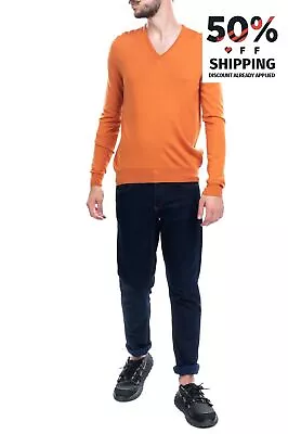 DARWIN Jumper Size 50 / L Orange Wool Blend Thin Knit Long Sleeve V Neck • $16.84