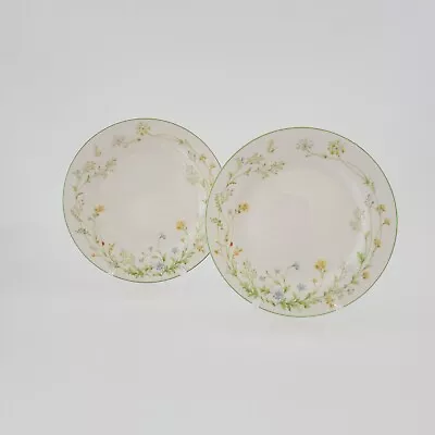 Noritake Reverie Green Trim 2 Salad Plates Wildflower & Butterfly Spring Dishes • $18.23