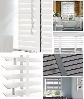 Faux Wood Window Venetian Blinds Blind With Tape 50mm Slats White Grey TRIMMABLE • £17.69