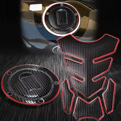 4PC Perforated Black Tank Pad+Fuel Cap Cover 04-05 Ninja ZX-10R/6R/9R Chrome Red • $29.88