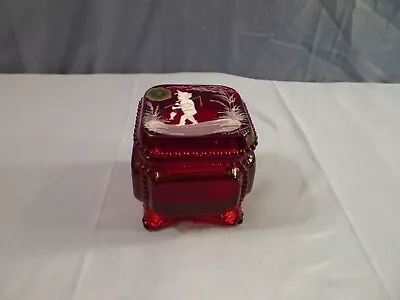 Westmoreland Ruby Red Glass Victorian Trinket Box Mary Gregory Boy Fishing • $24.99