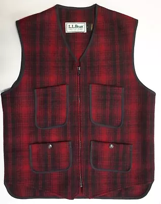 Mens S  L.L.BEAN By Woolrich Wool Red/Black 4 Pocket Plaid VEST • Vtg USA Made • $35