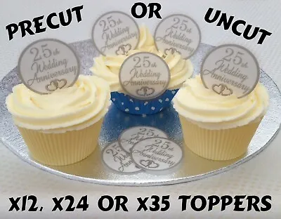 1.5 Inch Silver Grey 25th Anniversary Precut Wafer Paper Cupcake Cake Toppers • £3.90