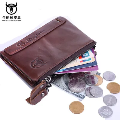 Vintage Cowhide Leather Men's Zipper Wallet With ID Card Slot Travel Coin Holder • $19.99