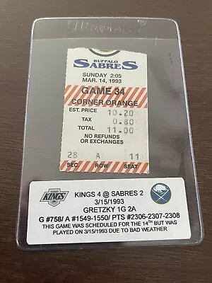 Sabres Vs La Kings  Ticket Stub 3/14/93  Luc Robitaille 50th Gretzky Goal- Rare • $14.99