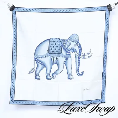 $17 • Buy Jim Thompson Thai Shantung Silky White Delft Blue Elephant Hand Rolled Scarf NR