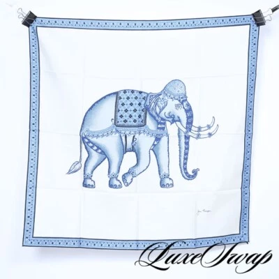 $17 • Buy Jim Thompson Thai Shantung Silky White Delft Blue Elephant Hand Rolled Scarf NR