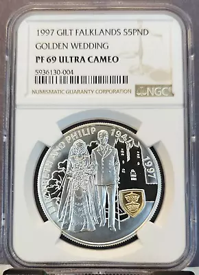 1997 Falklands Silver 5 Pounds Golden Wedding Ngc Pf 69 Ultra Cameo Top Pop 1 • $149.95