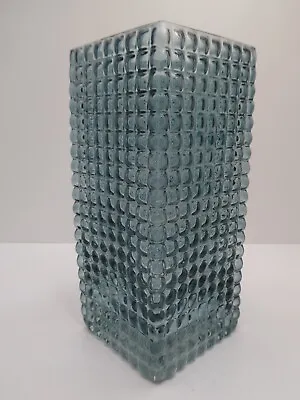Vintage Smokey Blue Geometric Square Pressed Glass Vase Mid Century Art Glass • $78