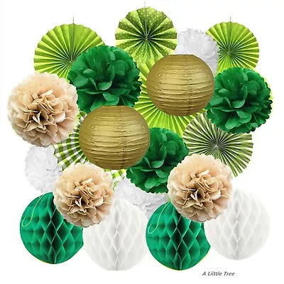 All-In-One Hanging Paper Fan Tissue Pompoms Honeycomb Ball Party Decor (Green 3) • £13.99