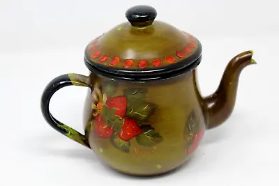 Vintage  Enamel Hand Painted Strawberry Metal Small Tea Pot 5in Tall JAPAN • $16.99