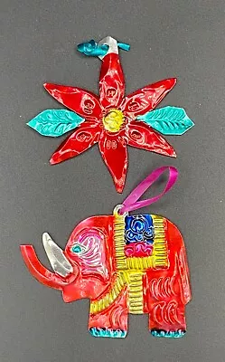 Two Ornaments Mexican Hand Painted Tin Metal Poinsettia & Elephant - Holiday • $12.50