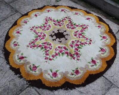 £29.99 • Buy Rare Vintage 60s 70s Tufted Wool Round Large Area Rug Floral Pattern - Will Post
