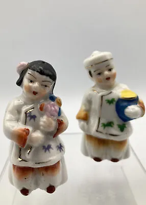 Vintage Asian Boy Girl Salt & Pepper Shakers Porcelain W Cork Stopper Japan 2.5” • $11.99