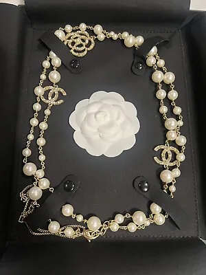 RARE Authentic Chanel Camellia Flower CC Crystal Pearl Gold Tone Long Neckace • £1650