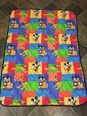 Vtg 80s 90s Disney Baby Crib Quilt 39x53  Mickey Mouse Pluto Bedding Nursery • $30