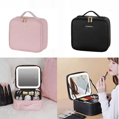 Travel Makeup Case With LED Light &Mirror Portable Cosmetic Box Travel Organizer • £29.99