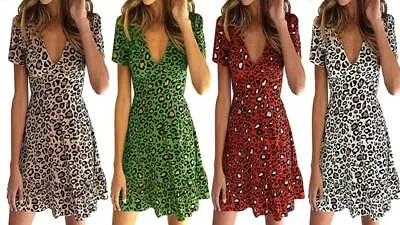 $14.99 • Buy Women's Deep V Neck Leopard Short Sleeve Sexy Ruffles Fashion Mini Dress S-XXL