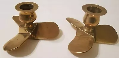  2 Solid Brass Boat Propeller Taper Candlestick Holders Nautical Decor Vintage  • $42.15