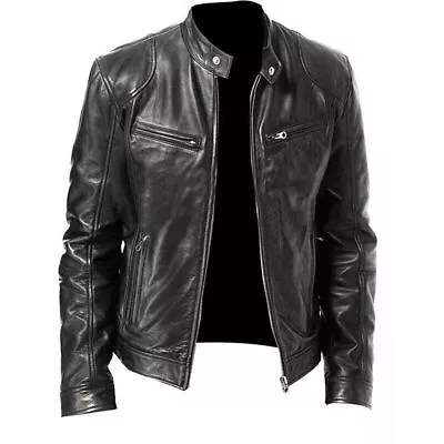 Men's Motorcycle Biker Black Leather Jacket Cafe Racer Genuine Lamb Leather 3XL • $119.99