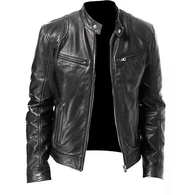 Men's Motorcycle Biker Black Leather Jacket Cafe Racer Genuine Lamb Leather • $98.99