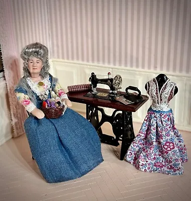 Dollhouse Miniature Small Victorian Doll & Sewing Table Set • $125