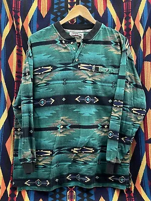 Vintage Cumberland Outfitters Western Aztec Henley Shirt Large Long Sleeve Blue • $20.99