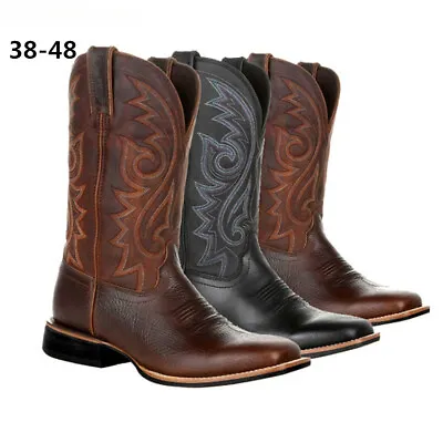 Men's Cowboy Retro Boots Leather Western Brown Work Square Toe Boots Plus Size • $35.19