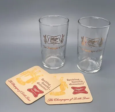 Miller High Life Beer Glass & Coasters / Vtg Tavern Barware / Man Cave Bar Decor • $26.95