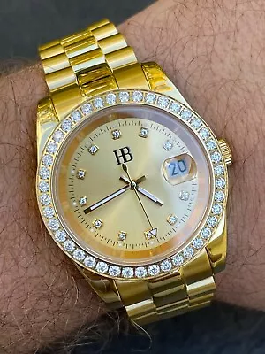 Mens Presidential Stainless Gold Plated Iced Bezel 41mm Automatic Movement Watch • $289.75