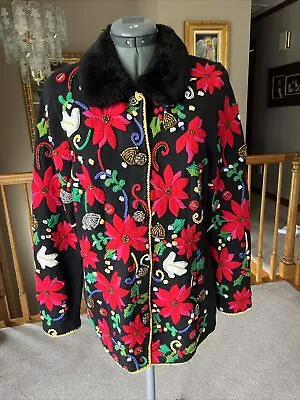 MIchael Simon M Christmas Sweater Cardigan Poinsettia Embroidered Mothers Day • $165