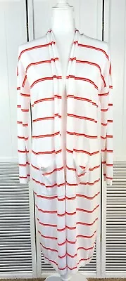 CAbi Striped Duster Cardigan White Orange Long Sleeve Womens Small • $18.99