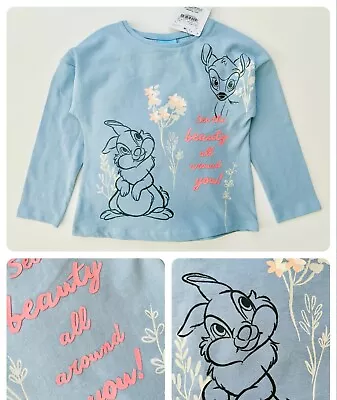 Girls Baby TU Long Sleeve Top Disney Bambi Thumper Blue Cotton Cute T-Shirt NEW • £5.95