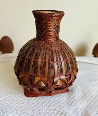 Vintage Antique Ikebana Split Bamboo Woven Vase Ceramic Insert Brown Japan • $35