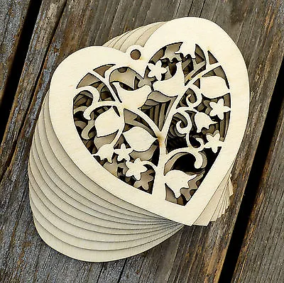 10x Wooden Heart Filigree Two Birds In A Tree Craft Shapes 3mm Plywood Love • £6.99