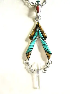 Sterling Malachite/Coral/Tiger Eye Inlay Crystal Pendant/Necklace W/ Crystal-24  • $49.99