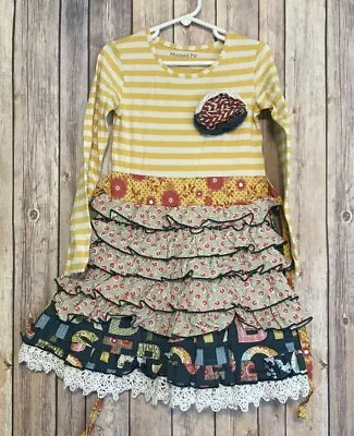 Mustard Pie Girls Yellow Striped Floral Ruffle Apron Dress Long Sleeve Size 4  • $18