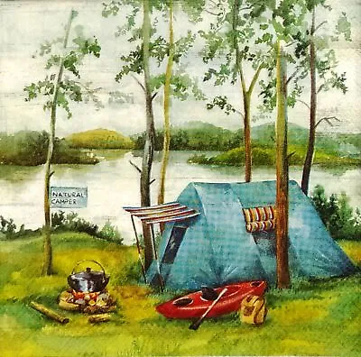 S475# 3 X Single SMALL Paper Napkins Decoupage Camp Site Nature Lake Forest Tent • $6.92