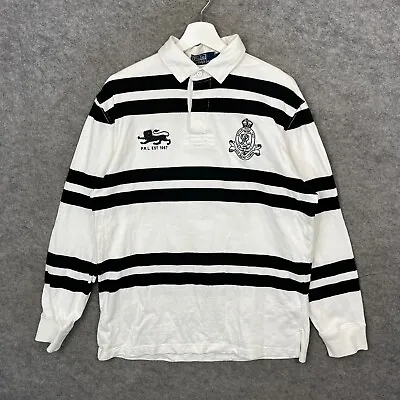 Vintage Ralph Lauren Rugby Shirt Mens Medium White Stripe Long Sleeve Crest Y2K • £39.99