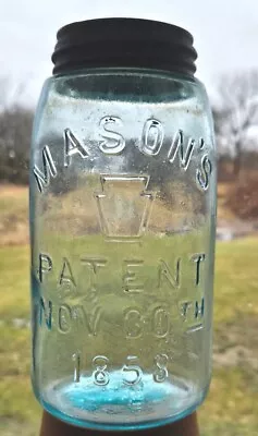 Blue Quart Mason's W/ Keystone Patent Nov 30th 1858 Fruit Canning • $15