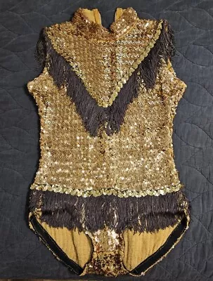 VTG Sequin Majorette Baton Twirler Costume Outfit Broken Zipper Gold Brown Fring • $59.99