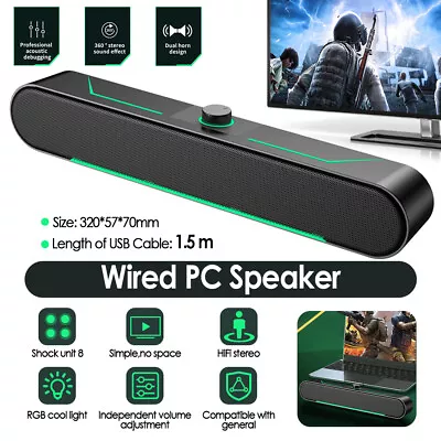 Wired Sound Bar TV Computer Speaker Subwoofer PC Laptop USB Stereo Soundbar • £13.99