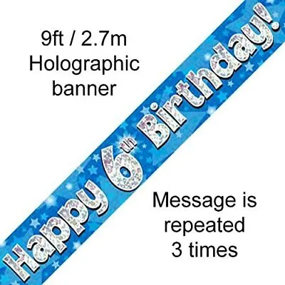 £2.09 • Buy Happy 6th Birthday Foil Holographic Blue Birthday Banner - 9 Foot/2.7m Long