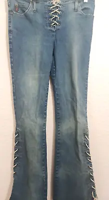 Vintage Mudd Jeans Lace Up 1/2 Leg Side Seam Fly Size 5 Bell Flare • $66