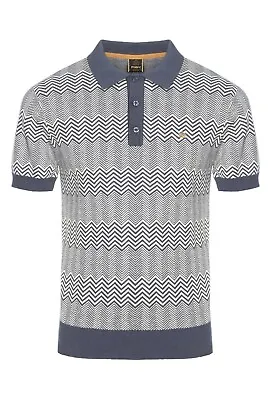 Mens Merc London Zig Zag Knitted Polo Shirt Bennard - Slate Blue • $68.47